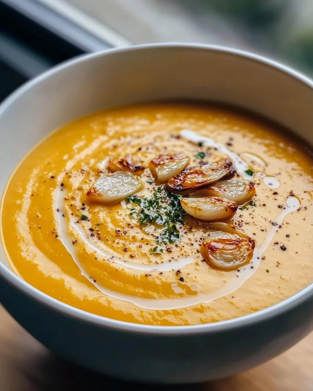 Aromatische Hokkaido Kürbissuppe mit geröstetem Knoblauchöl