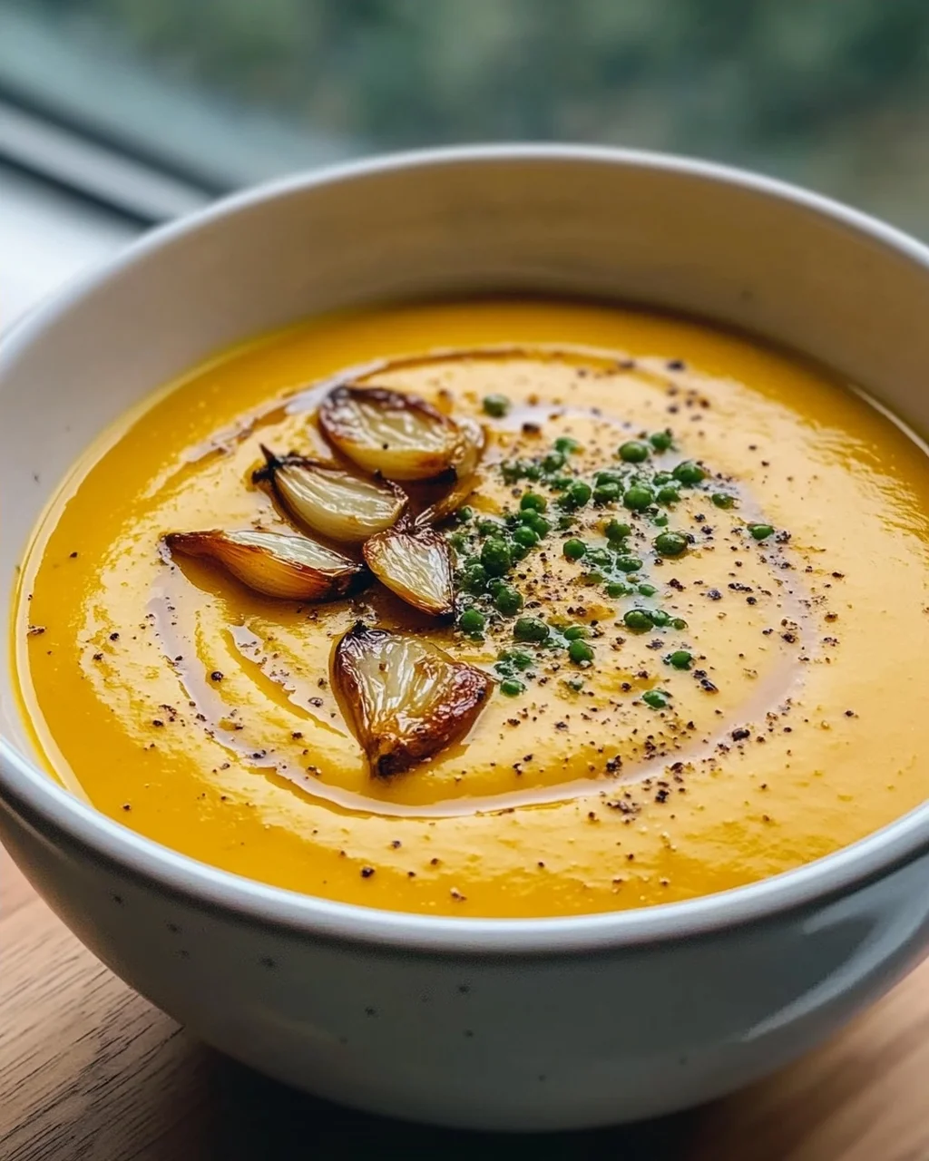 Aromatische Hokkaido Kürbissuppe mit geröstetem Knoblauchöl