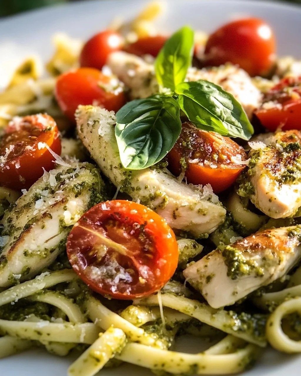 Aromatische Pesto Hähnchen Pasta mit süßen Kirschtomaten