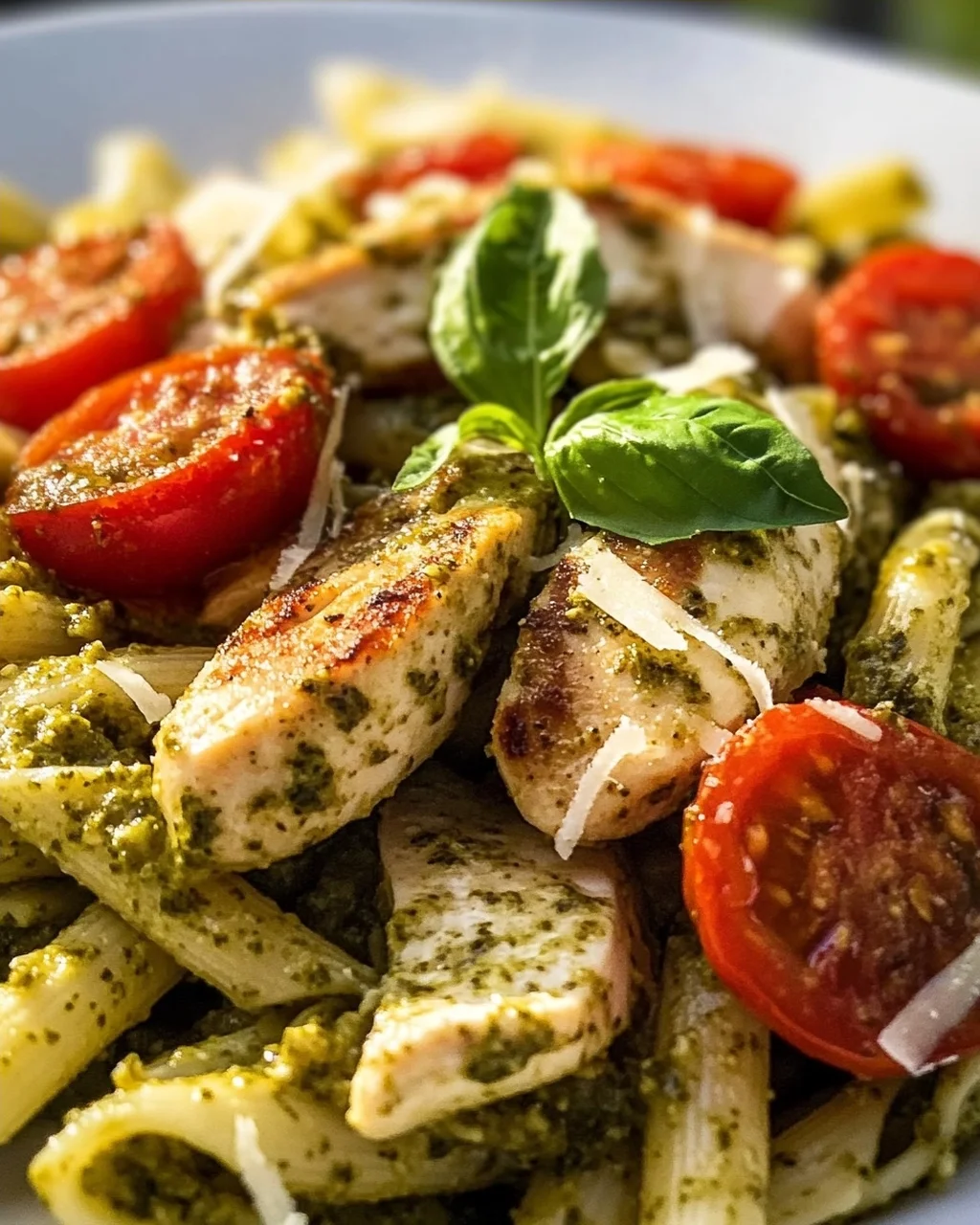 Aromatische Pesto Hähnchen Pasta mit süßen Kirschtomaten
