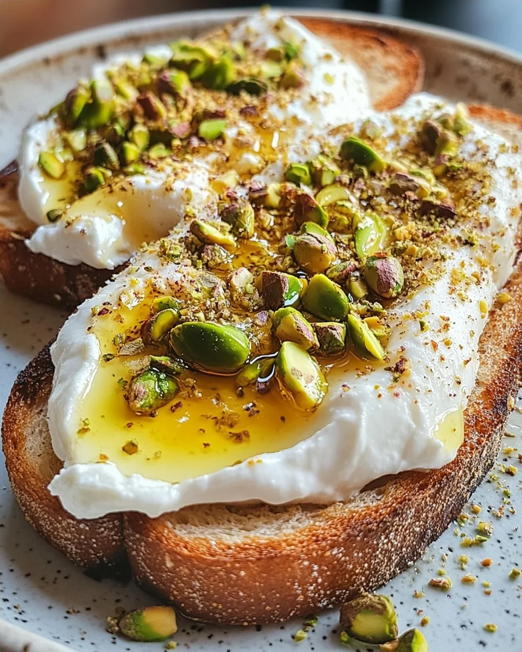 Burrata-Toast mit Pistazien und heißem Honig