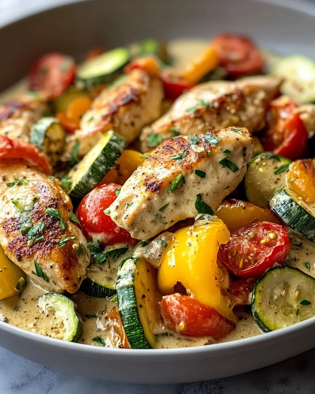Cremige Boursin Hähnchen Pfanne mit frischem Gemüse