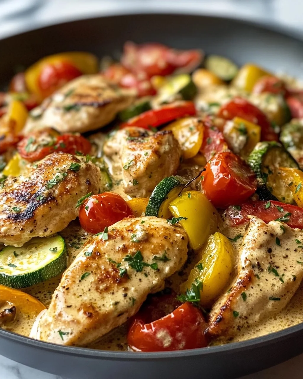 Cremige Boursin Hähnchen Pfanne mit frischem Gemüse