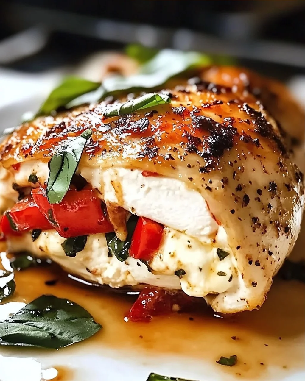 Geröstete rote Paprika und Mozzarella gefülltes Huhn