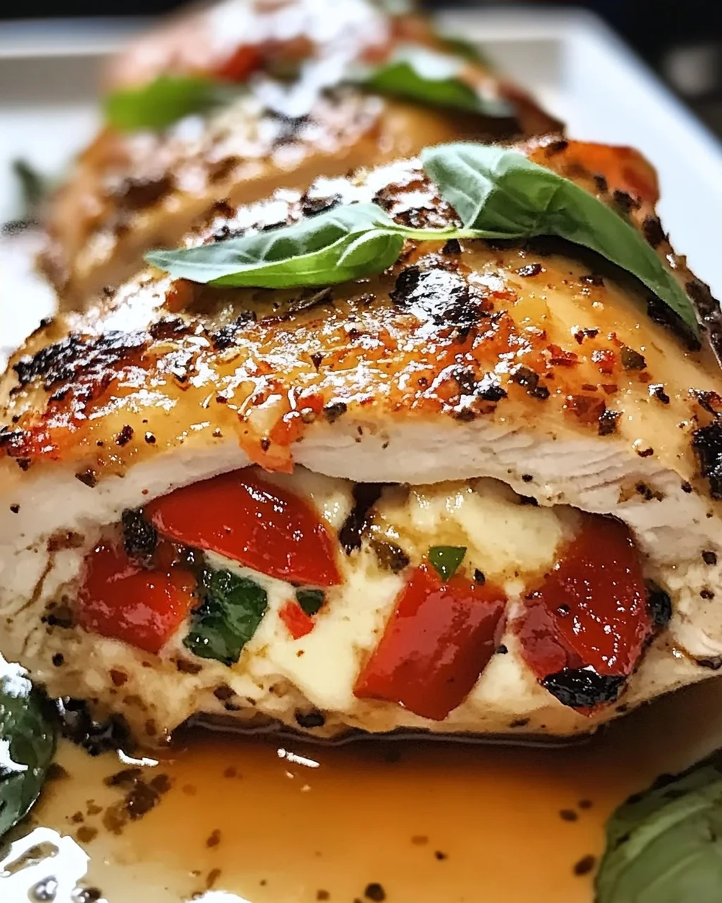 Geröstete rote Paprika und Mozzarella gefülltes Huhn