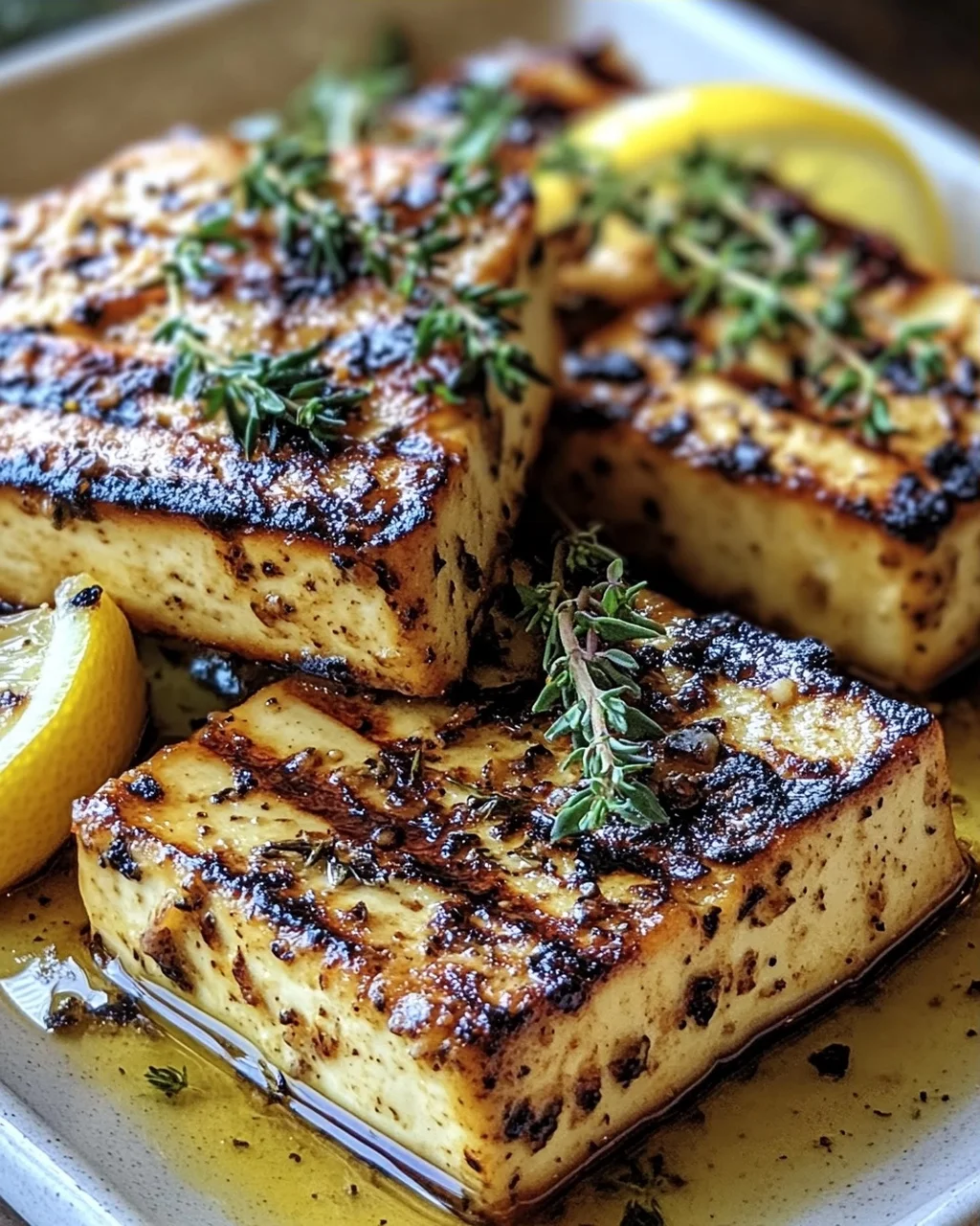 Griechischer gegrillter Tofu mit Zitrone und Thymian