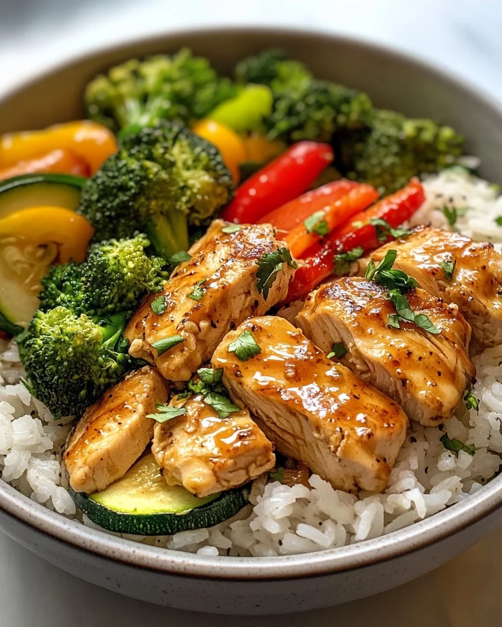 Hähnchen Reis Bowl mit Knoblauchbutter & frischem Gemüse