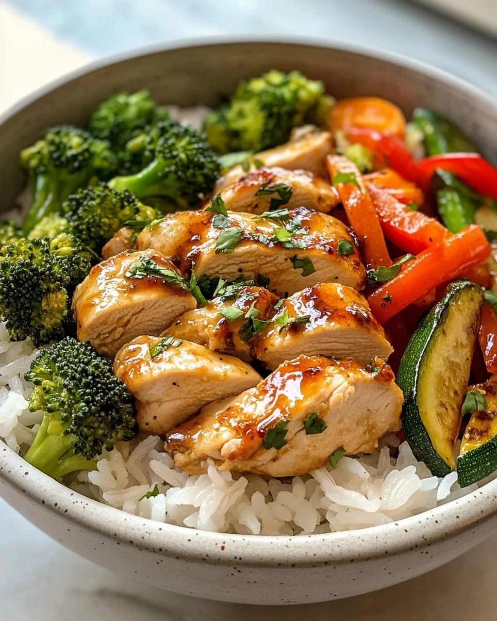 Hähnchen Reis Bowl mit Knoblauchbutter & frischem Gemüse