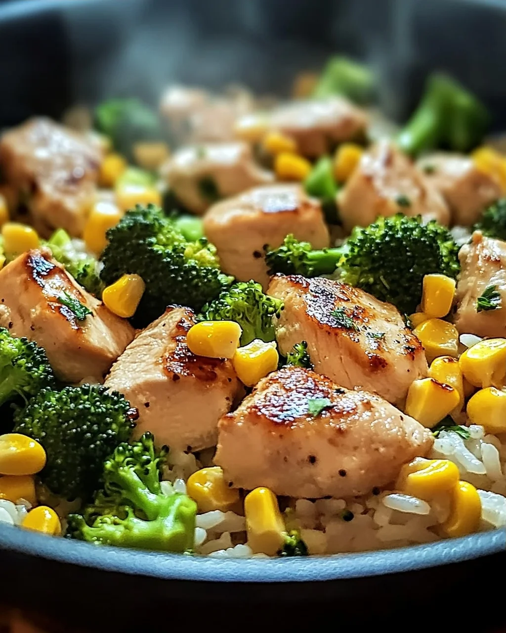 Hähnchen-Reis-Pfanne mit Brokkoli und Mais für Eilige