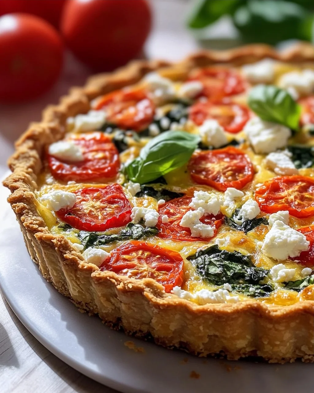 Herzhafte Quiche: Tomate, Feta, Basilikum & Spinat