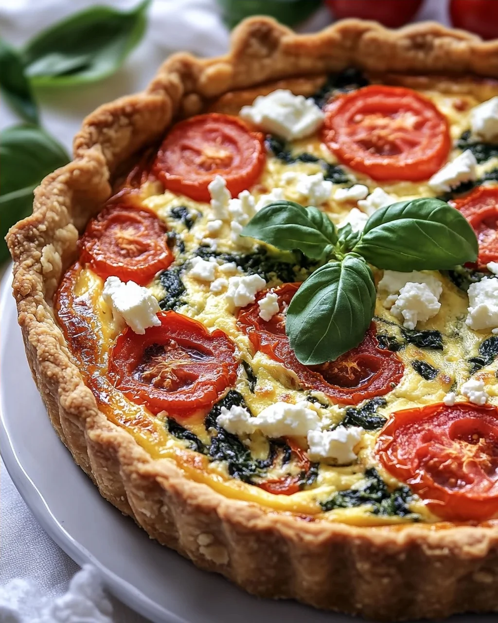 Herzhafte Quiche: Tomate, Feta, Basilikum & Spinat