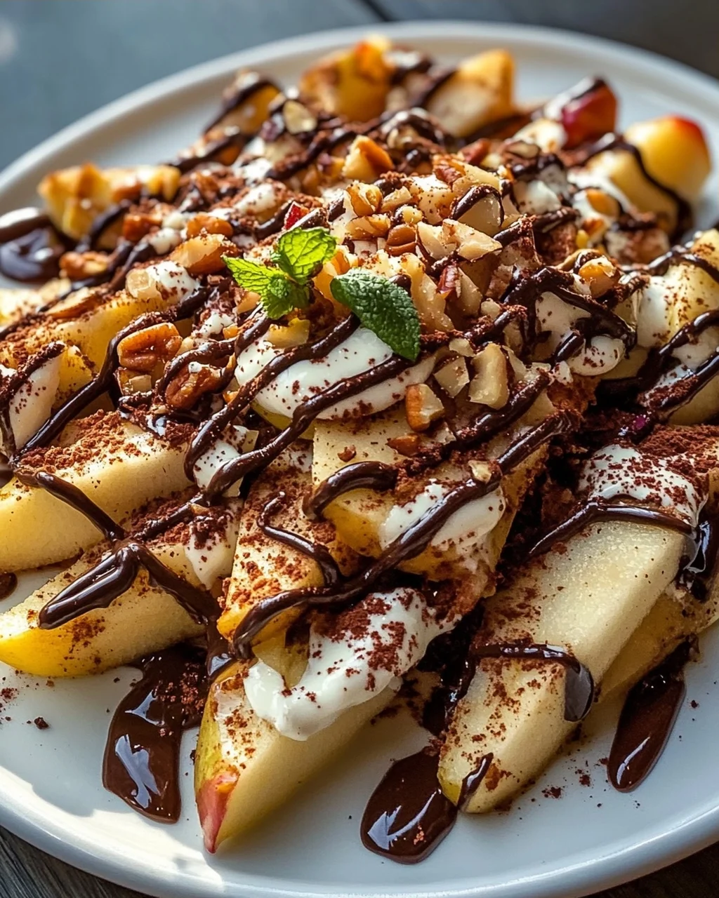 Himmlische Knusprige Apfel-Pommes Nachos mit Schoko-Drizzle