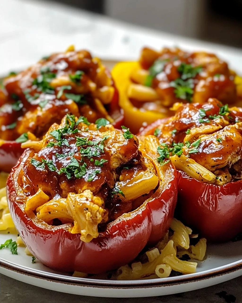 Honig-Knoblauch BBQ Hühnchen Pasta gefüllte Paprika Rezept