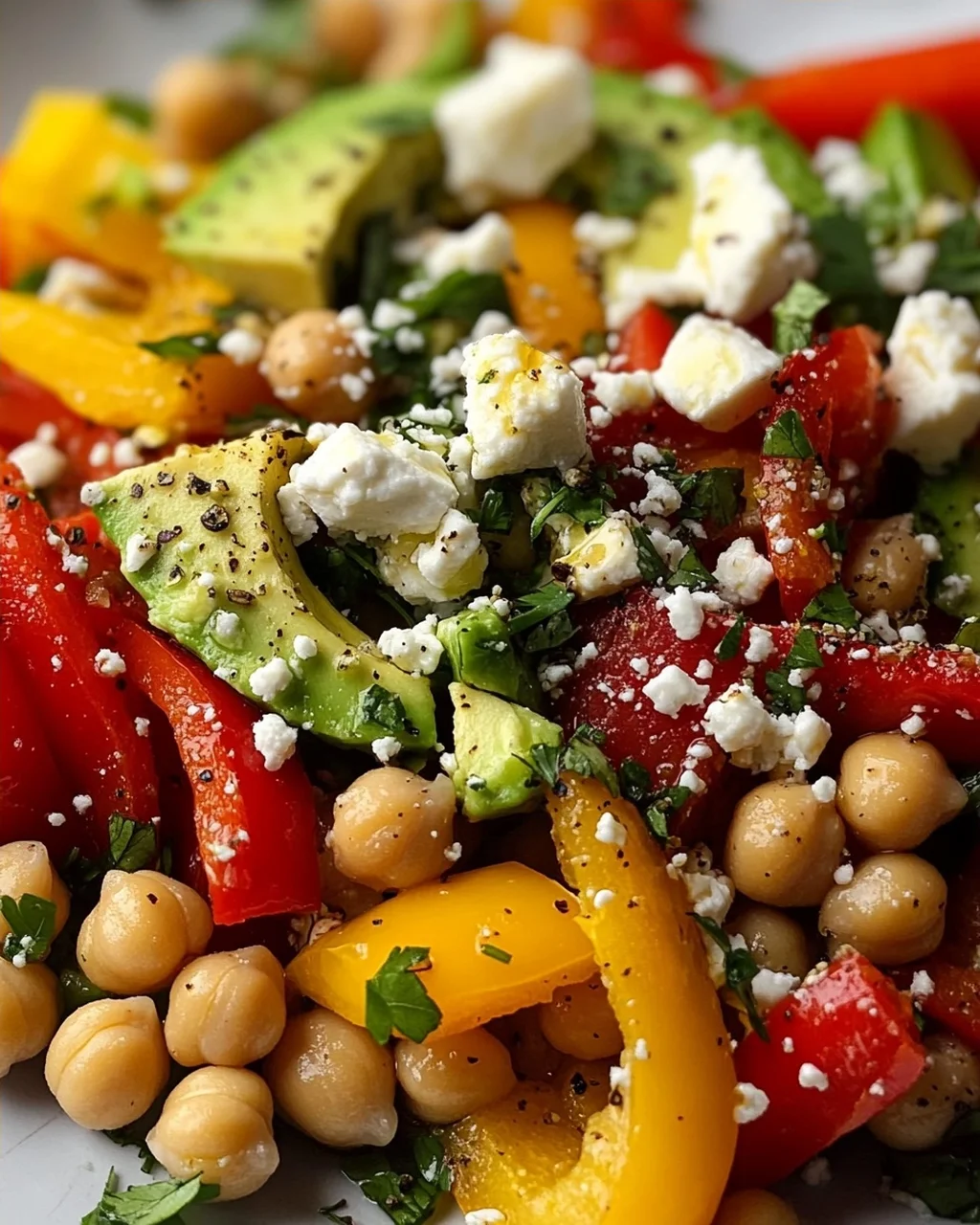 Kichererbsen-Feta-Avocado-Salat mit gerösteten Paprika