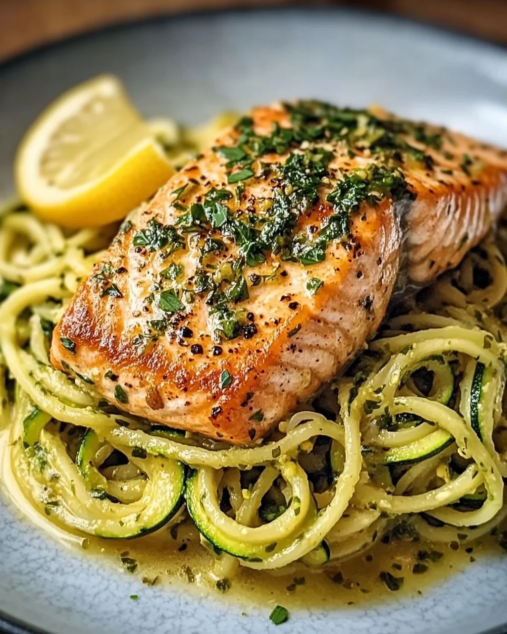 Kräuterlachs auf Zucchinipasta