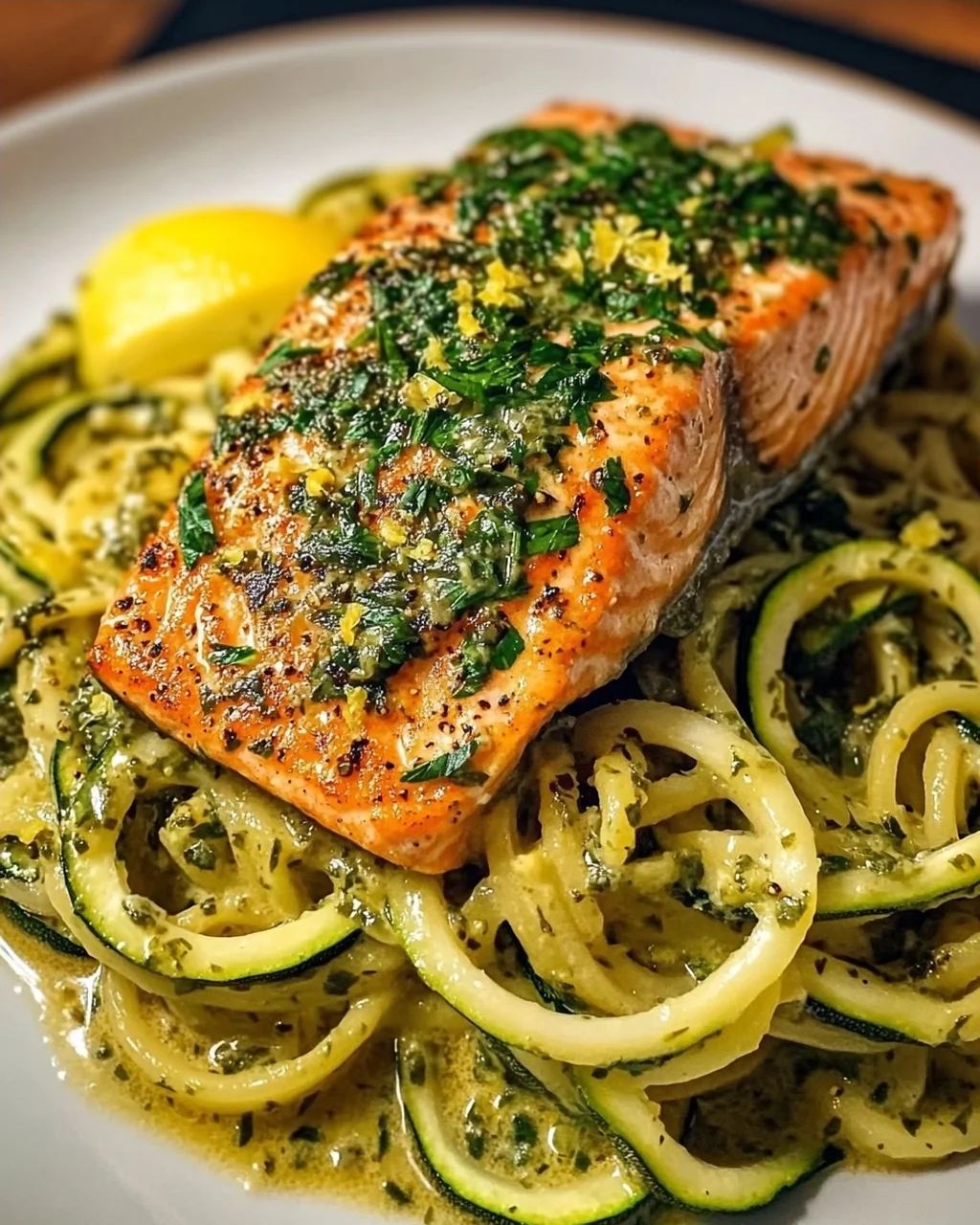 Kräuterlachs auf Zucchinipasta