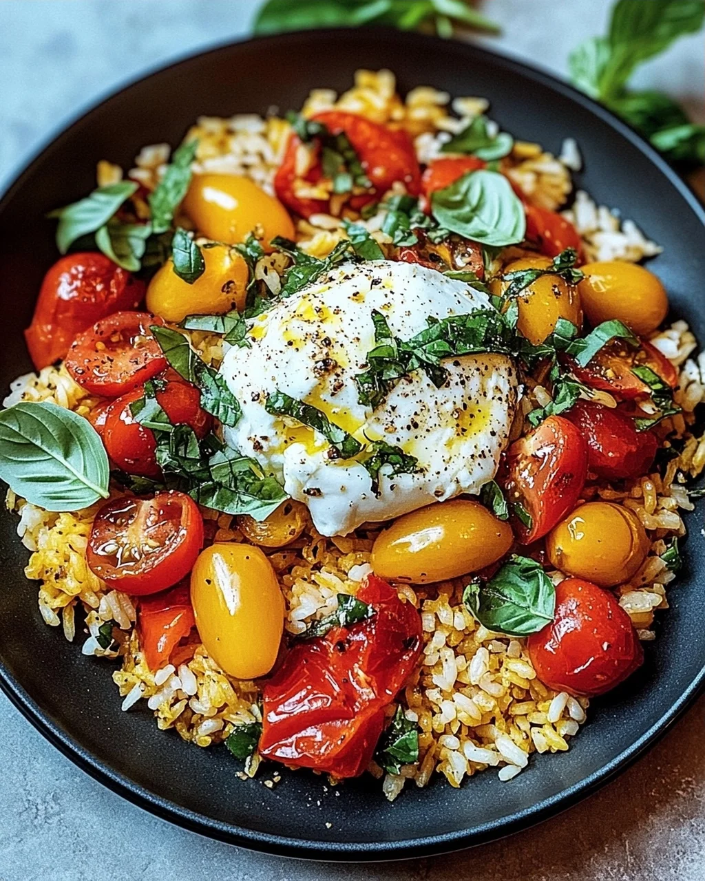Mediterrane Reispfanne mit Burrata