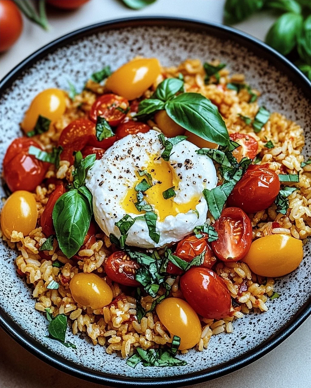 Mediterrane Reispfanne mit Burrata