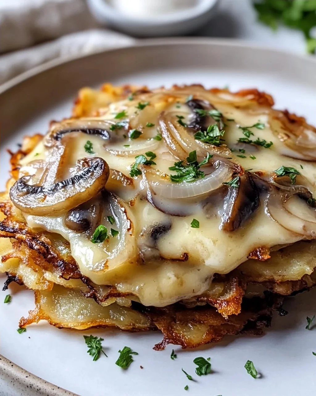 Mozzarella Rosti mit Zwiebel-Pilzrahmsauce – Lecker & Einfach!