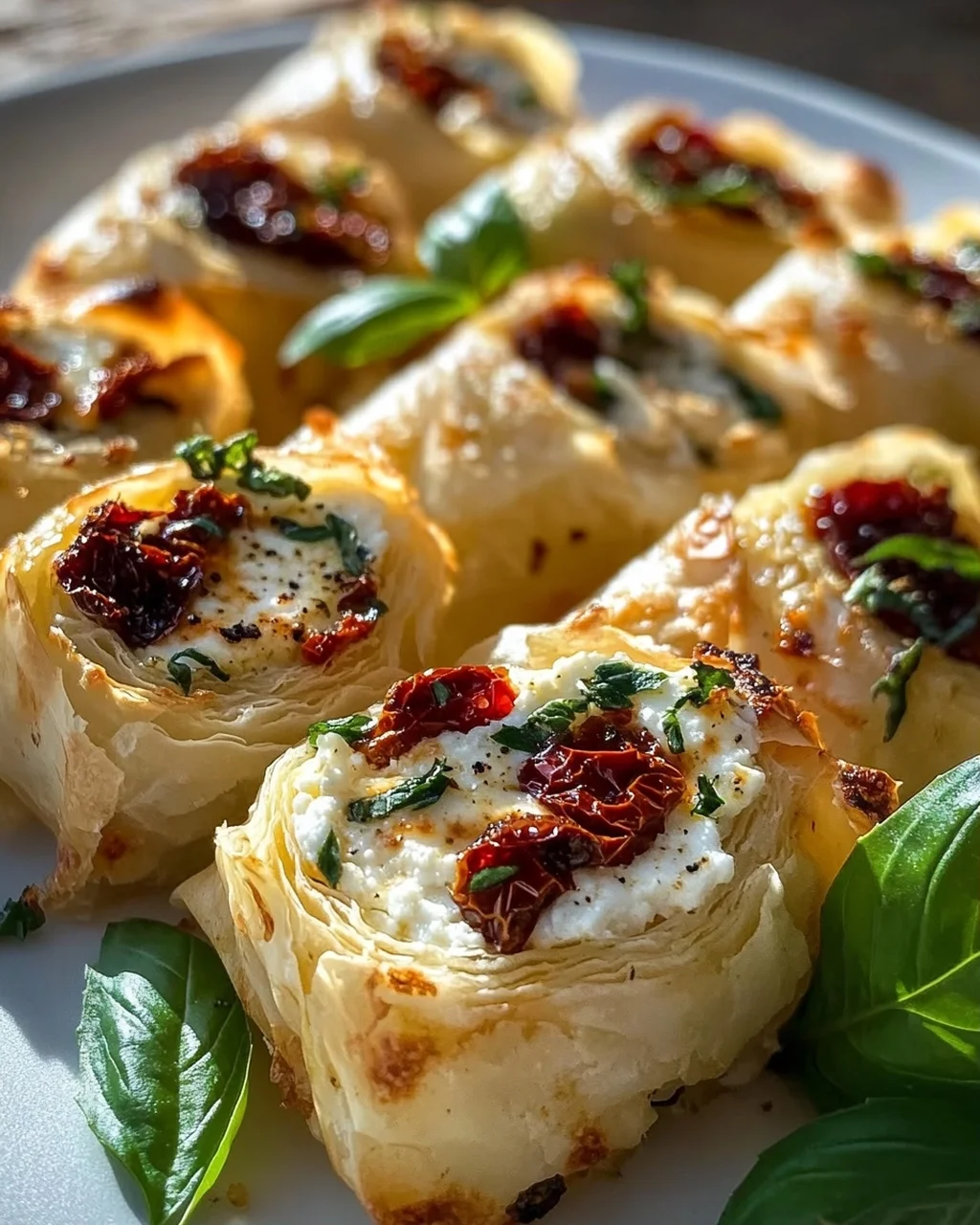 Ofen Feta Röllchen mit getrockneten Tomaten und Basilikum Rezept