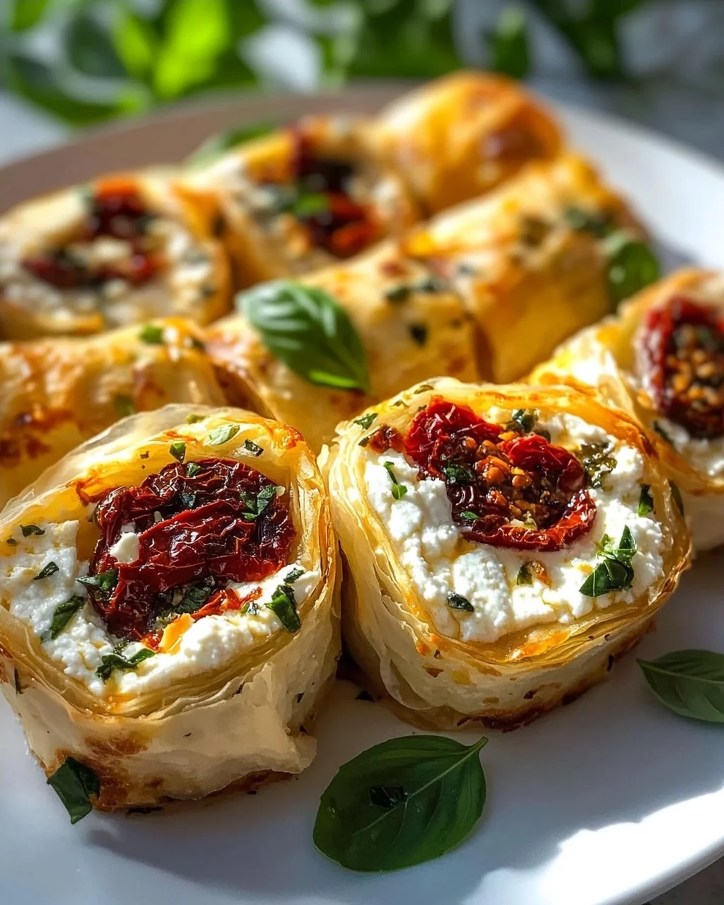 Ofen Feta Röllchen mit getrockneten Tomaten und Basilikum Rezept