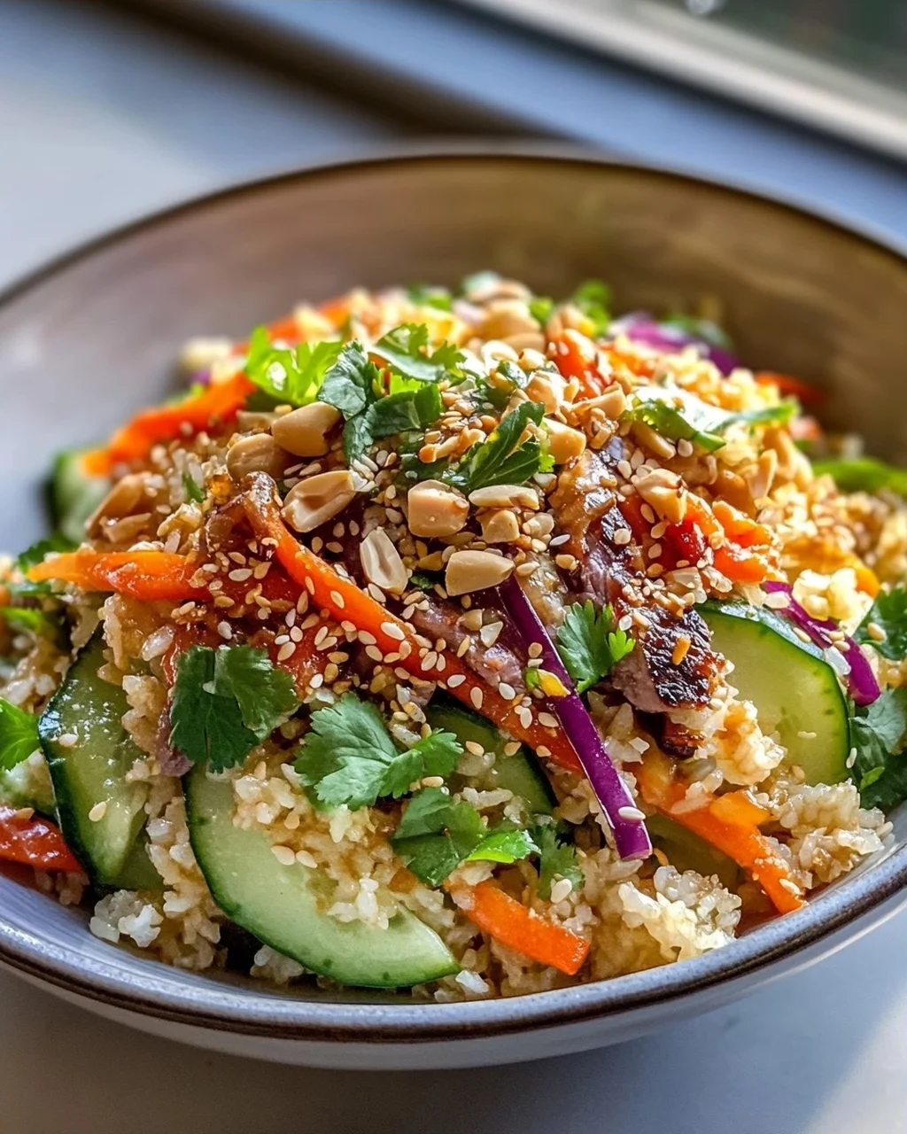 Schneller Knuspriger Reissalat mit Erdnuss-Sesam-Dressing