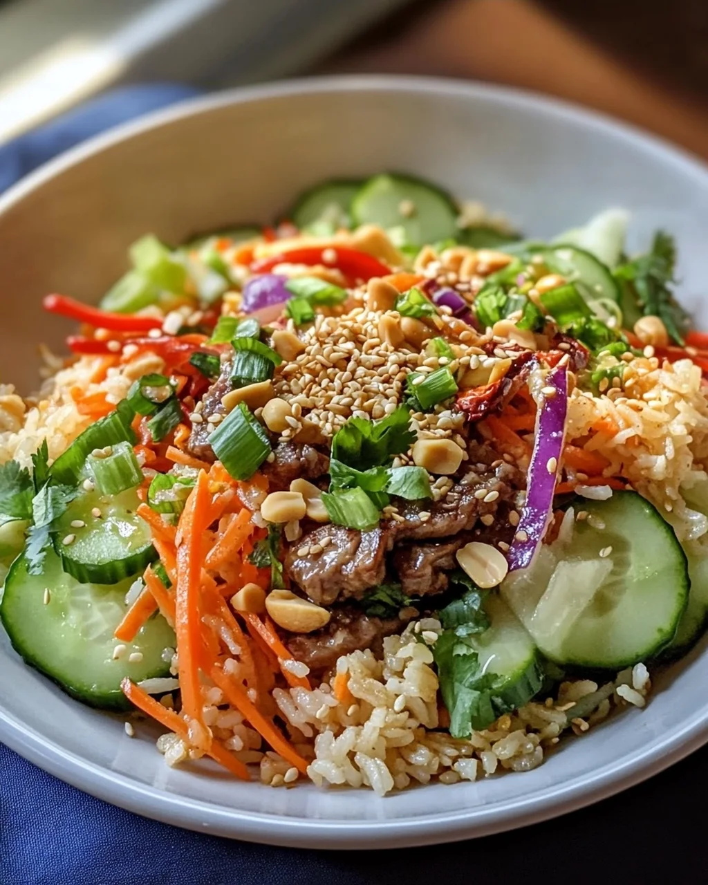 Schneller Knuspriger Reissalat mit Erdnuss-Sesam-Dressing