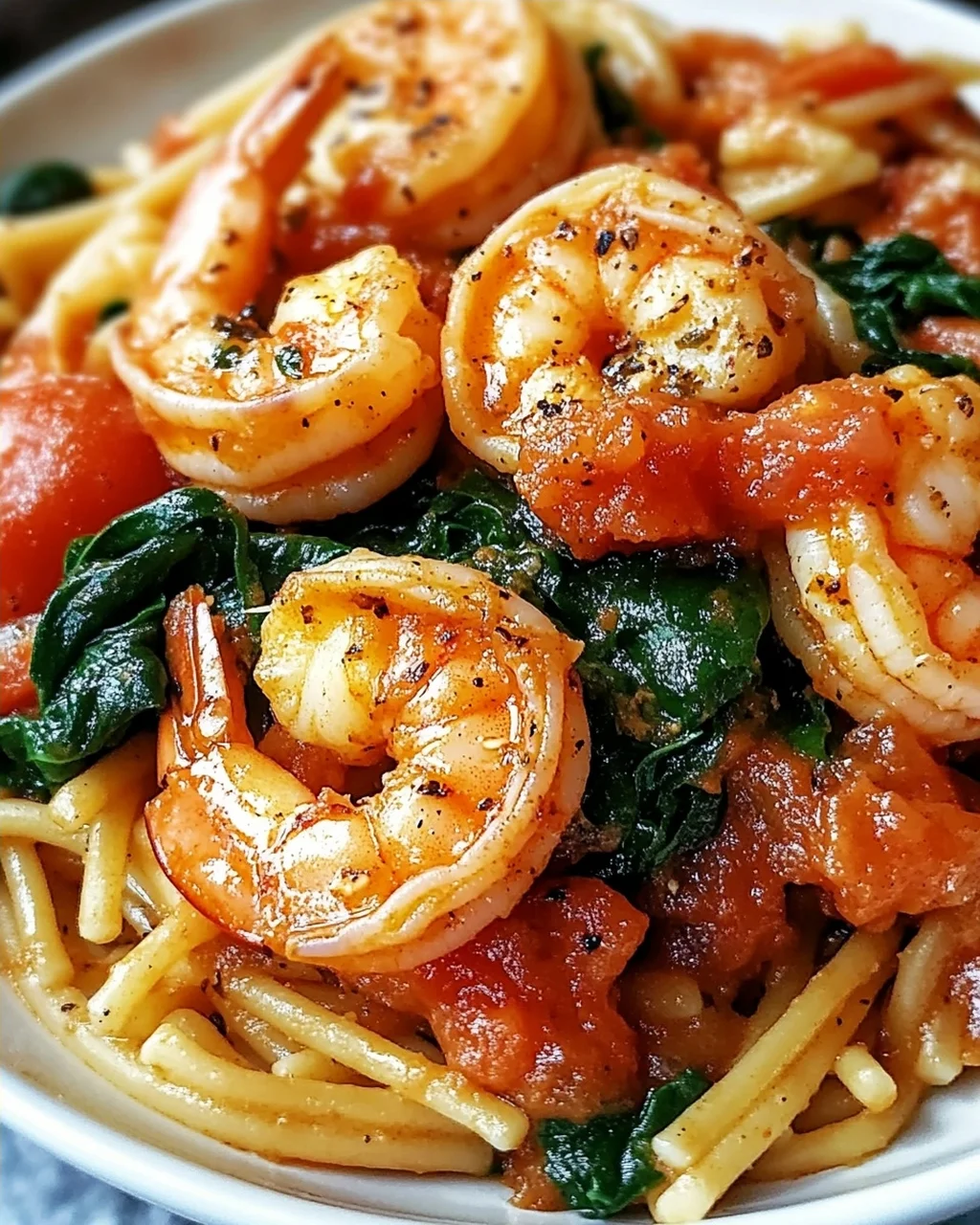 Tomate-Spinat-Garnelen-Nudeln