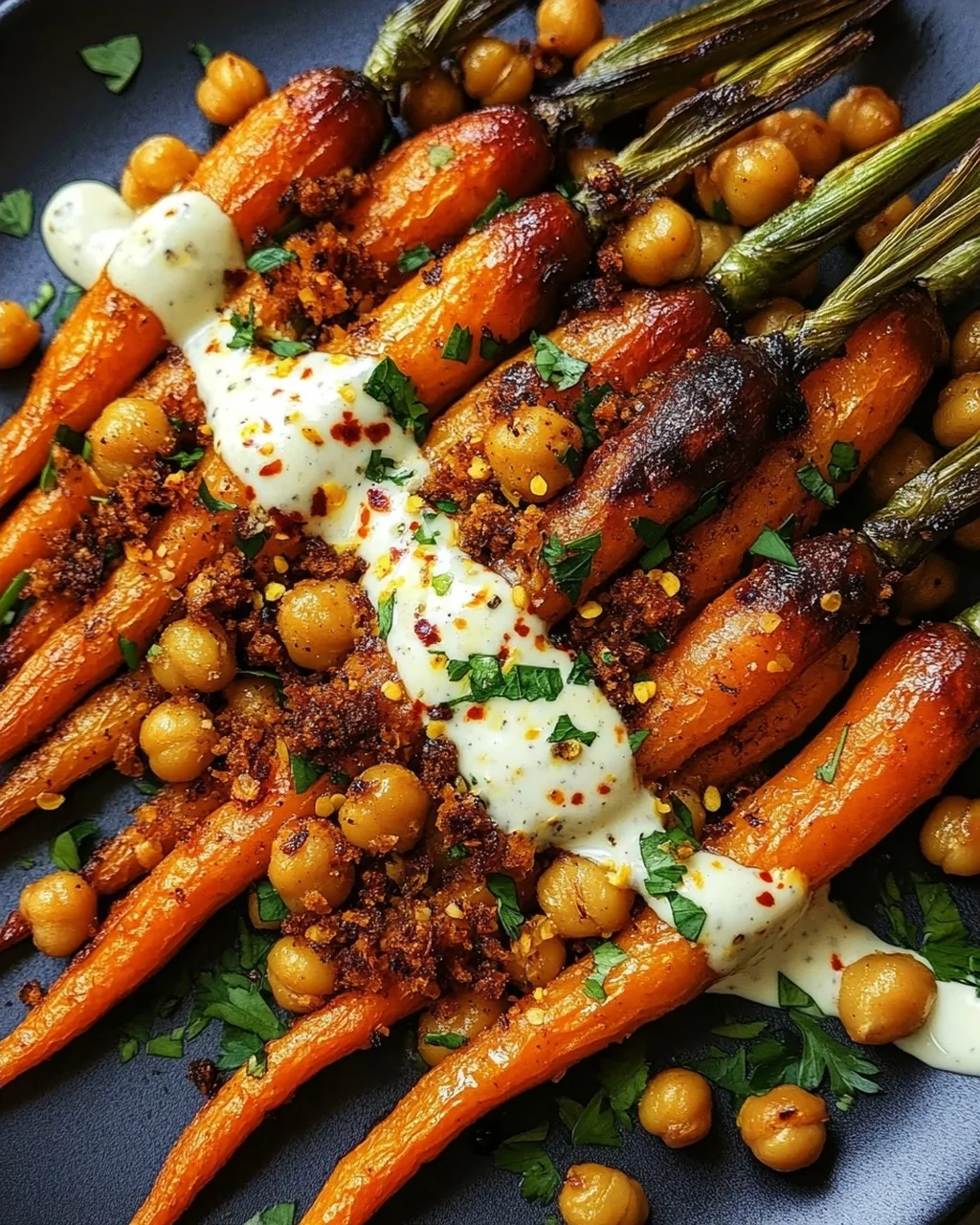 Würzige Ahorn-Röstkarotten mit knusprigen Kichererbsen und Joghurtsauce