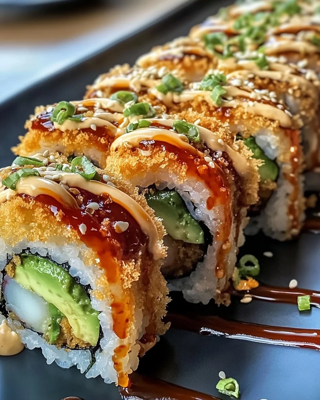 Würziger Volcano Roll mit Avocado und knusprigen Tempura Bits