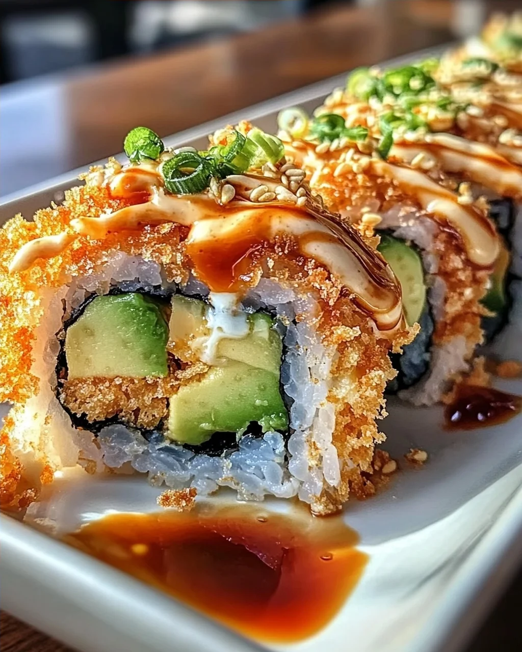 Würziger Volcano Roll mit Avocado und knusprigen Tempura Bits