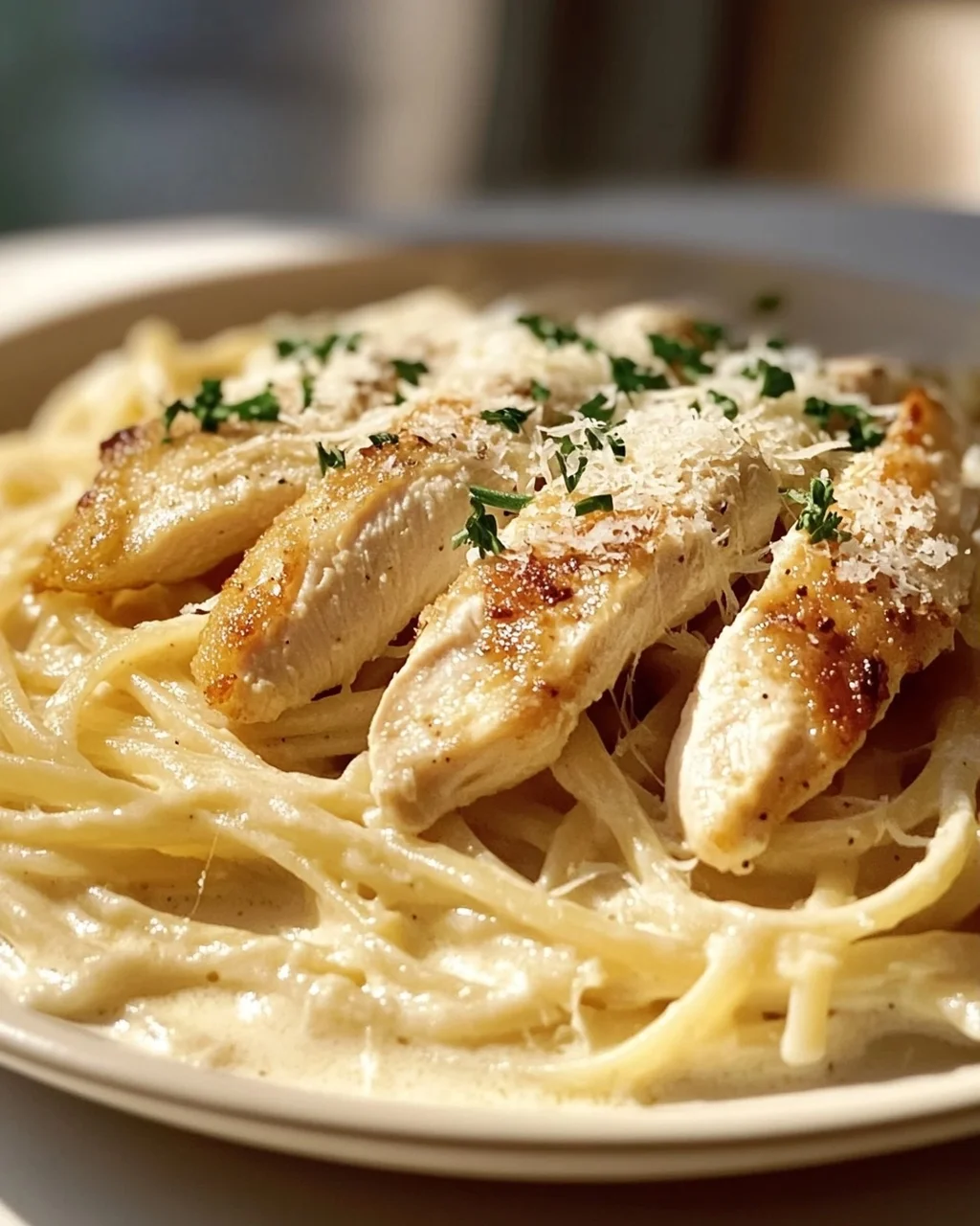 Zarte Hähnchenstreifen mit cremigen Nudeln in Sahnesauce