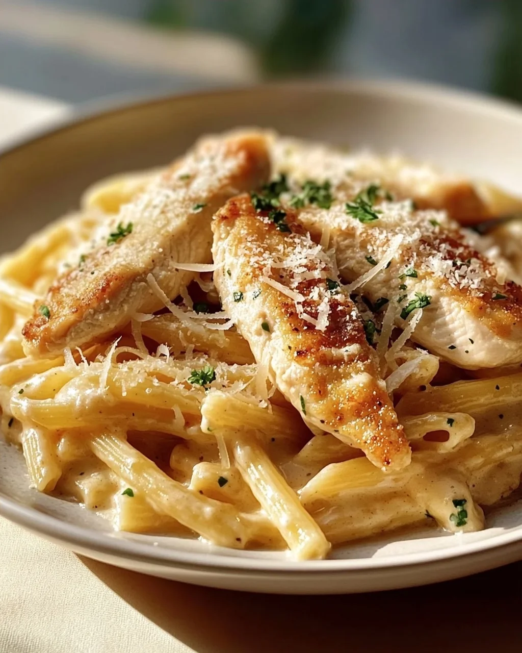 Zarte Hähnchenstreifen mit cremigen Nudeln in Sahnesauce