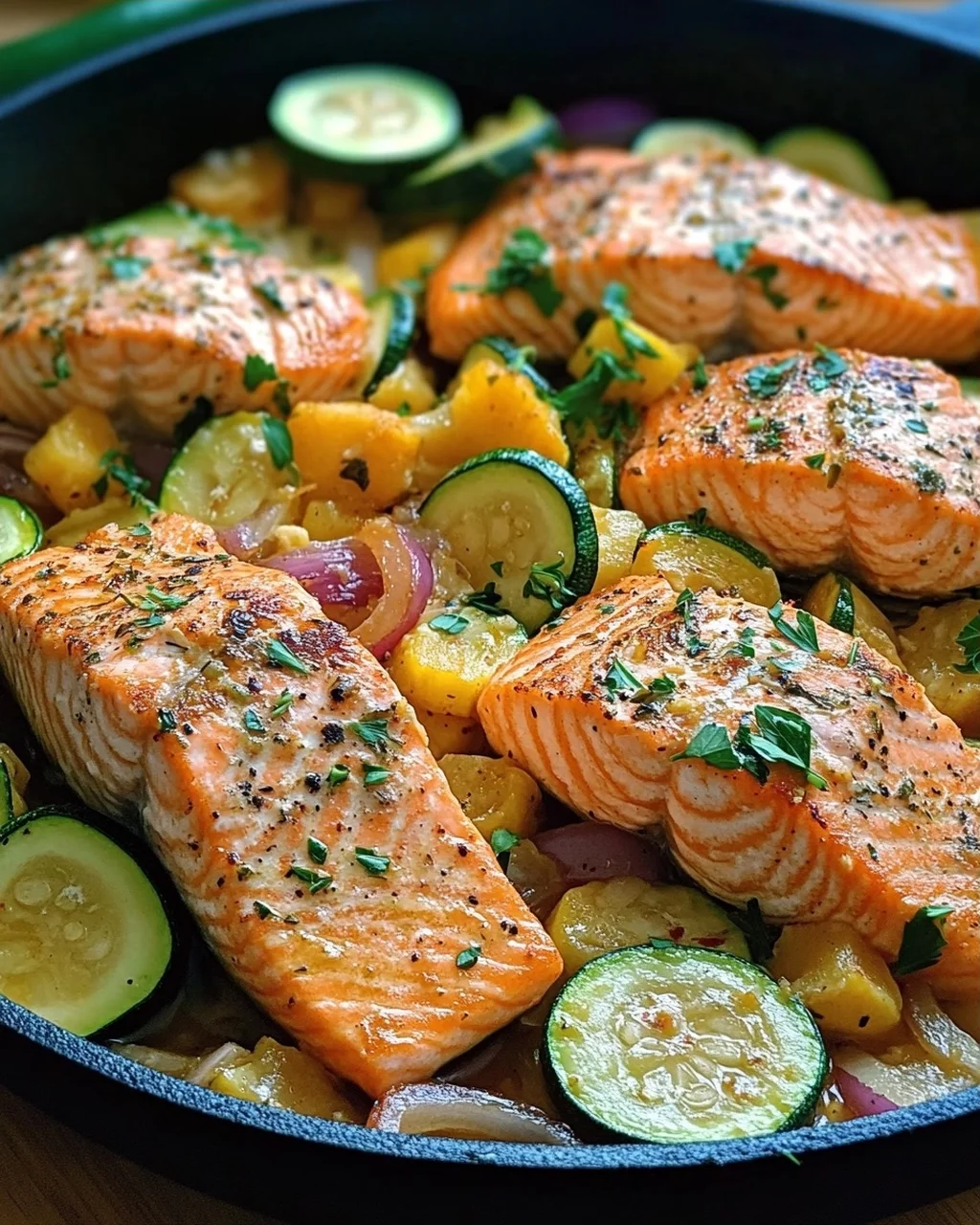 Zucchinipfanne mit Lachs